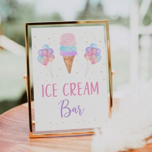 Eis Bar Geburtstag Zeichen Eis Geburtstag Regenbogen Eis Kegel rosa Gold Ballon Mädchen Eis Party Printable Digital Download A611