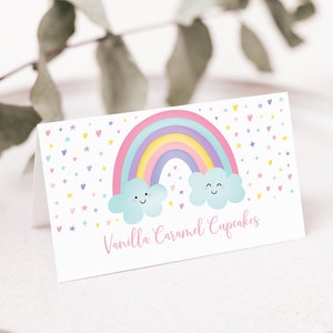 Editable Rainbow Tent Cards Food Labels Place Cards Girls Rainbow Birthday Party Pastel Rainbow Clouds Printable Instant Download A549