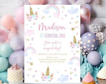 Editable Unicorn Rainbow Birthday Invitation Unicorn Birthday Invite Pastel Clouds Rainbow Pink Gold Floral Unicorn Party Download A582