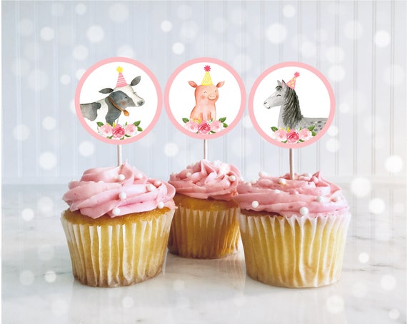 Pink Farm Birthday Cupcake Toppers Girl Farm Birthday Barnyard Birthday Pink Floral Farm Animals Printable Digital Download A510 Il_570xn