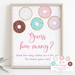 Donut Guess How Many Game, Donut Baby Shower, Donut Baby Sprinkle, Donut Birthday, Pink Donut, Doughnut, Candy Guessing Game, Printable A500