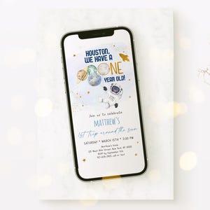 Editable Space Birthday E-Invitation First Trip Around The Sun Blue Gold Astronaut Galaxy Planets Outer Space Party Rocket Ship Digital A606 image 2