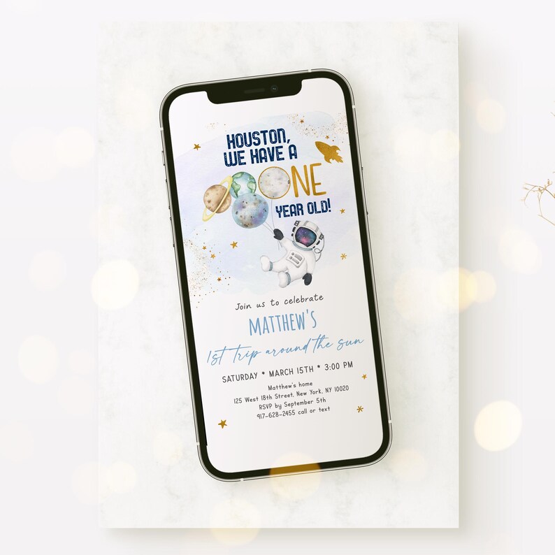 Editable Space Birthday E-Invitation First Trip Around The Sun Blue Gold Astronaut Galaxy Planets Outer Space Party Rocket Ship Digital A606 image 2