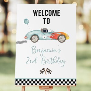 Raceauto verjaardag welkom teken twee snelle verjaardag racefeest racewagen jongen 2e verjaardag bewerkbare afdrukbare digitale download A688