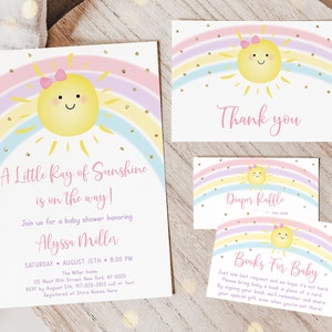 Bundle modifiable d'invitations de baby shower soleil arc-en-ciel rose or rose pastel couche-culotte pour bébé fille tombola livre Suite de cartes à télécharger A599