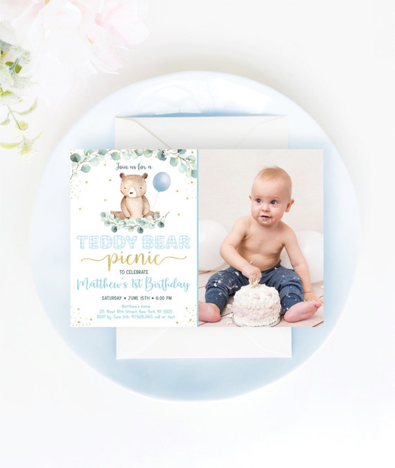 Editable Teddy Bear Picnic Birthday Invitation Blue Gold Boy Teddy Bear Party Outdoor Birthday Teddy Bear Balloons Digital Download A603 Il_570xn