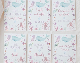 Editable Pink Under The Sea Set of 6 Birthday Signs Bundle, Pastel Girl Sea Animals, Ocean, Whale, Turtle, Digital Download A725