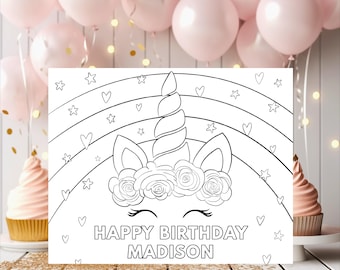 Unicorn Birthday Coloring Page, Birthday Activity, Kids Coloring page, Unicorn Rainbow Party Printable Editable Digital Download A582