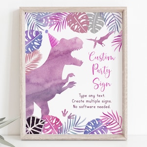 Editable Girl Dinosaur Birthday Sign Party Sign Pink Purple T-Rex Birthday Dinosaur Party Dinosaur Safari Watercolor Dinosaurs Digital A663