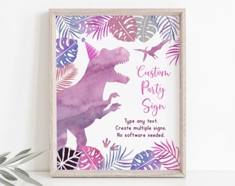 Editable Girl Dinosaur Birthday Sign Party Sign Pink Purple T-Rex Birthday Dinosaur Party Dinosaur Safari Watercolor Dinosaurs Digital A663