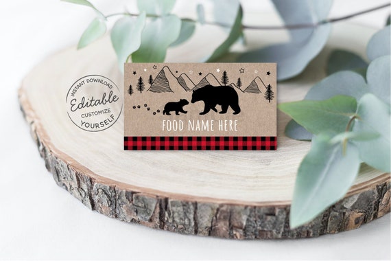 EDITABLE Lumberjack Birthday Food Tent Cards, Food Labels, Lumberjack Baby Shower, Rustic Woodland Bear, Red Plaid, Instant Download A519 Il_570xn