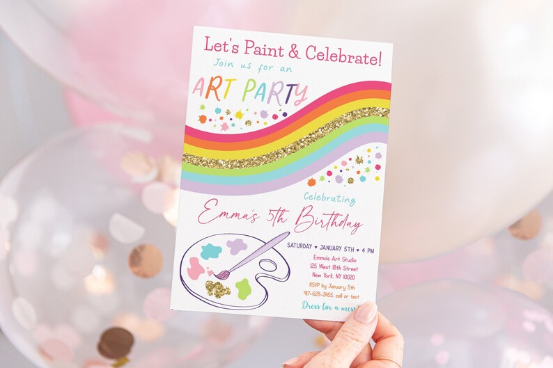 Editable Art Party Birthday Invitation Dress for A Mess Girl Pink Gold ...