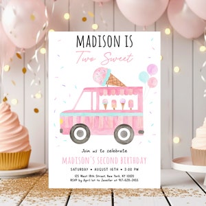 Editable Ice Cream Truck Birthday Invitation Two Sweet Ice Cream Second Birthday Modern Girl Ice Cream Party Digital Download A673