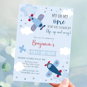 Editable Airplane Birthday Invitation Year Flew By Boy Airplane Party Clouds Stars Blue Red Any Age Printable Digital Download A566