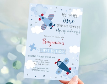 Editable Airplane Birthday Invitation Year Flew By Boy Airplane Party Clouds Stars Blue Red Any Age Printable Digital Download A566