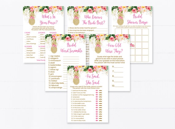 Pineapple Bridal Shower Games Package Pink Tropical Floral Gold Pineapple 6 Printable Games Digital Instant Download B139 Il_570xn