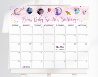 Modificabile Galaxy Baby Shower Data di scadenza Calendario Gioco Indovina Compleanno del bambino Rosa Oro Galaxy Pianeti Spazio esterno Razzo navale stampabile A586
