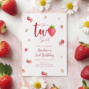 Editable Strawberry Birthday Invitation, Two Sweet Birthday Invite, Strawberry 2nd Birthday, Strawberry Party, Pink Floral, Download A731