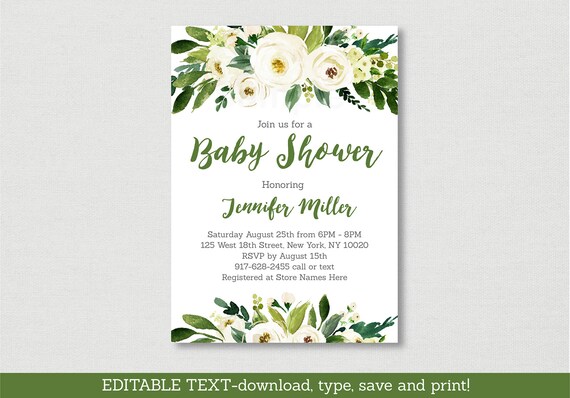 Green & White Floral Baby Shower Invitation / Floral Baby Shower / Greenery Baby Shower / Editable PDF INSTANT DOWNLOAD A460 Il_570xn