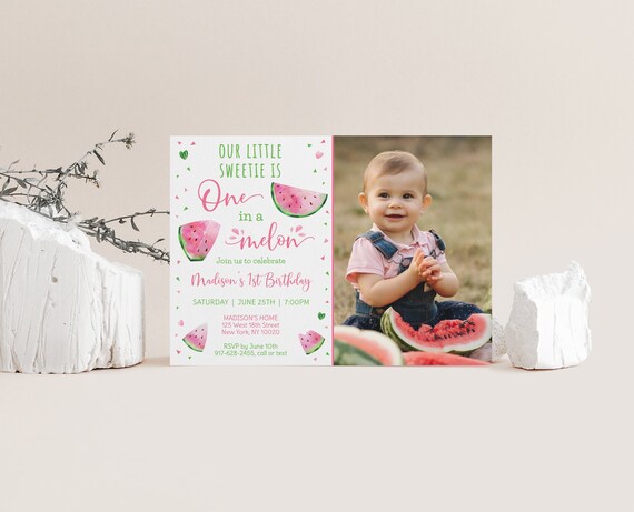 EDITABLE One In A Melon Birthday Invitation Watermelon Birthday Invite Watermelon Party Girl First Birthday Printable Digital Corjl A502 Il_570xn