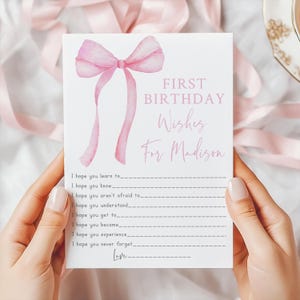 Deseos de primer cumpleaños con lazo rosa, lazo rosa coqueto para fiesta de cumpleaños, primer cumpleaños de niña, lazo de acuarela. Descarga digital editable A764