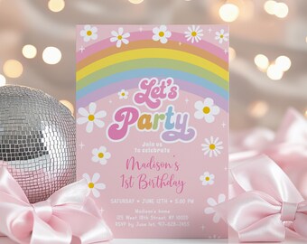 Invitación de cumpleaños de margaritas, invitación de cumpleaños para celebrar, fiesta retro de margaritas, arcoíris, flores, pastel, para cualquier edad, editable, descarga A746
