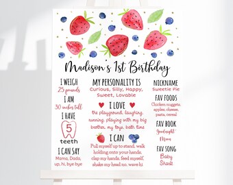 Editable Strawberry Blueberry First Birthday Milestone Sign Berry Sweet Strawberry Party Blueberry Birthday Digital Download A670