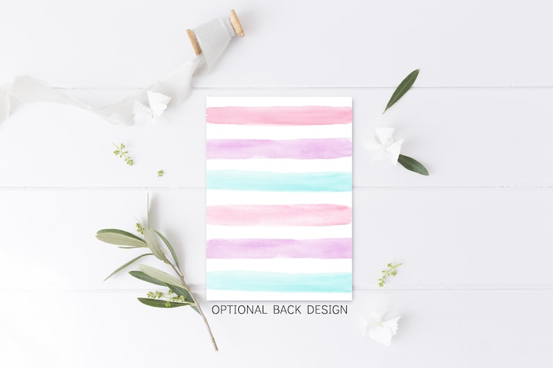 May include: A white card with a watercolour striped design in pink, purple, and blue. The text "OPTIONAL BACK DESIGN" is printed at the bottom of the card.