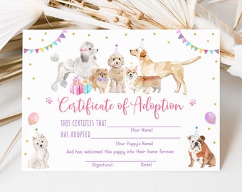 Puppy Certificate Of Adoption Adopt A Puppy Let's Paw-ty Girl Puppy Birthday Animal Shelter Vet Puppy Dog with Balloons Download A621