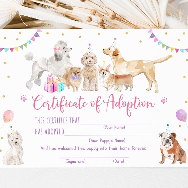 Puppy certificaat van adoptie Adopteer een puppy Let's Paw-ty Girl Puppy Verjaardag Dierenasiel Dierenarts Puppy Hond met ballonnen Download A621