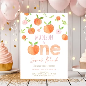 Editable Peach Birthday Invitation One Sweet Peach First Birthday Invite Watercolor Peach Girl 1st Birthday Printable Digital Download A668