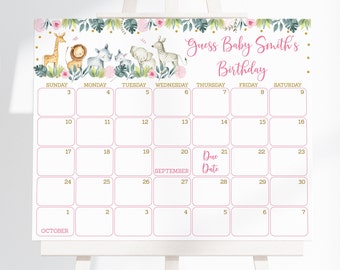 May include: A pink and white calendar with a jungle animal theme. The calendar is for guessing the due date of Baby Smith. The calendar has the months of September and October.