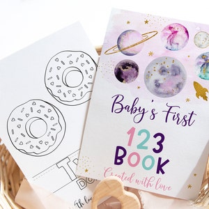 Baby's First 123 Book Baby Shower Coloring Pages Baby Shower Game Pink Gold Galaxy Numbers Coloring Book Digital Instant Download A631