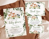 Editable Woodland Baby Shower Invitation Bundle Gender Neutral Greenery Floral Woodland Animals Diaper Raffle Book Card Suite Download A524
