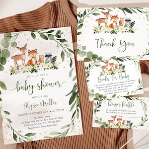 Editable Woodland Baby Shower Invitation Bundle Gender Neutral Greenery Floral Woodland Animals Diaper Raffle Book Card Suite Download A524