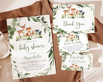 Redigerbar babyshowerinbjudan i skogsmiljö, könsneutral grönska, blommor, skogsdjur, blöjlotteri, bokkortssvit för nedladdning, A524