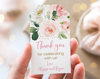 Edytowalne różowo-kwiatowe etykiety z podziękowaniami Etykiety na upominki Różowo-złote kwiatowe dekoracje na baby shower dla dziewczynki Wydruk cyfrowy do natychmiastowego pobrania A492