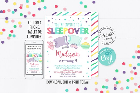 EDITABLE Sleepover Invitation Sleepover Birthday Slumber Party Pajama Party Girl Sleepover Printable Digital Instant Download Corjl A523 Il_570xn