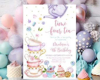 Editable Tea Party 4th Birthday Invite Time FOUR Tea Birthday Invite Pink Purple Floral Tea Party Cake Cupcake Cookie Digital Download A651
