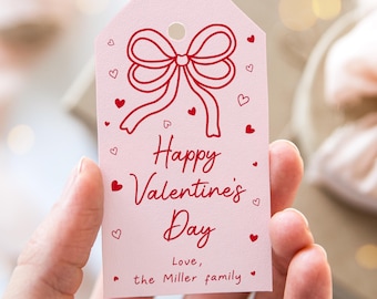 Etiqueta editable para el día de San Valentín, lazo rosa y rojo, etiqueta de regalo de San Valentín, lazo dibujado a mano, corazones, coqueteo, niños, maestro, aula, descarga digital