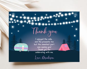 Editable Girl Camping Birthday Thank You Card, Camping Sleepover Party, Summer Glamping, S'mores, Pink Camper, Camping Under Stars A630