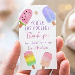 Editable Popsicle Birthday Thank You Tags Favor Tags You&#39;re The Coolest Popsicle Party Pink Watercolor Popsicle Ice Cream Party Digital A674