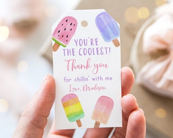 May include: A white tag with a pink, blue, and rainbow popsicle design. The tag says "You're the coolest! Thank you for chillin' with me Love, Madison".