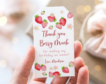 Editable Strawberry Birthday Thank You Tag, Favor Tag, Berry Sweet Birthday, Wild Strawberries, Strawberry Party, Pink Floral, Digital A731