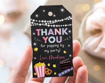 Editable Movie Night Birthday Thank You Tags Favor Tags Popcorn Party Movie Under the Stars Girls Outdoor Backyard Movie Party Digital A555