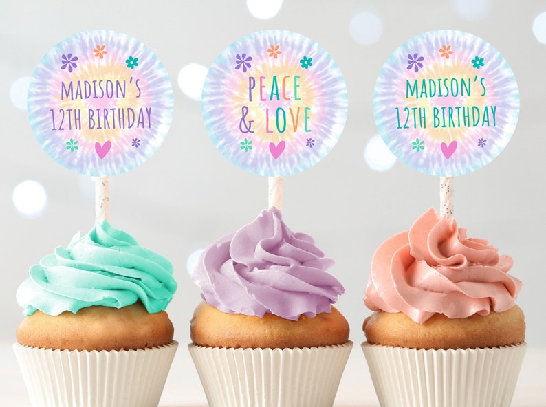 Editable Tie Dye Cupcake Toppers Tie Dye Birthday Tie Dye Party Pink Rainbow Pastel Peace Love Boho Printable Digital Instant Download A570 image 1