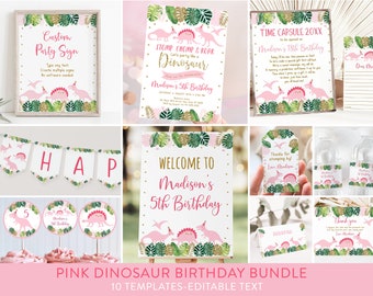 Paquete de invitaciones de cumpleaños de dinosaurios rosas editables, cumpleaños de dinosaurios rosas y dorados, fiesta de dinosaurios para niñas, safari de dinosaurios, descarga digital A507