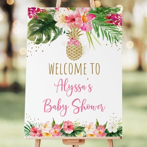Editable Pineapple Baby Shower Welcome Sign Pink Tropical Floral Gold Pineapple Girl Baby Shower Printable Digital Instant Download A494
