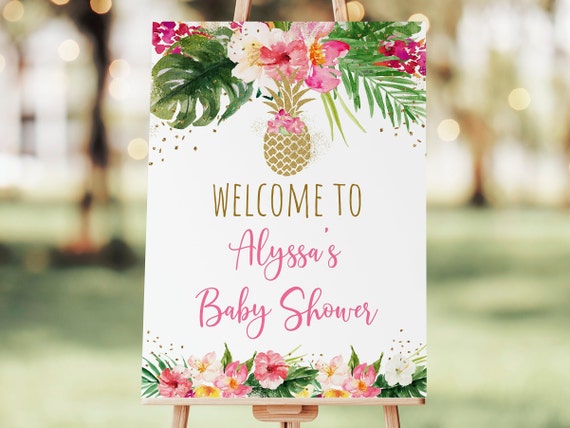 Editable Pineapple Baby Shower Welcome Sign Pink Tropical Floral Gold Pineapple Girl Baby Shower Printable Digital Instant Download A494