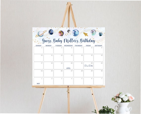 Editable Space Baby Shower Due Date Calendar Game Guess Baby's Birthday Gold Galaxy Planets Outer Space Rocket Ship Instant Download A586 Il_570xn